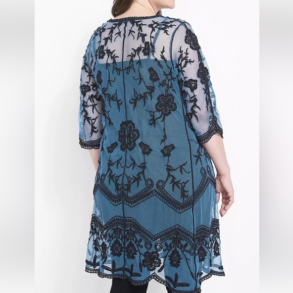 Lane Bryant Blue black Floral Embroidered MESH DUSTER JACKET Open Front Robe 18 - Picture 2 of 16